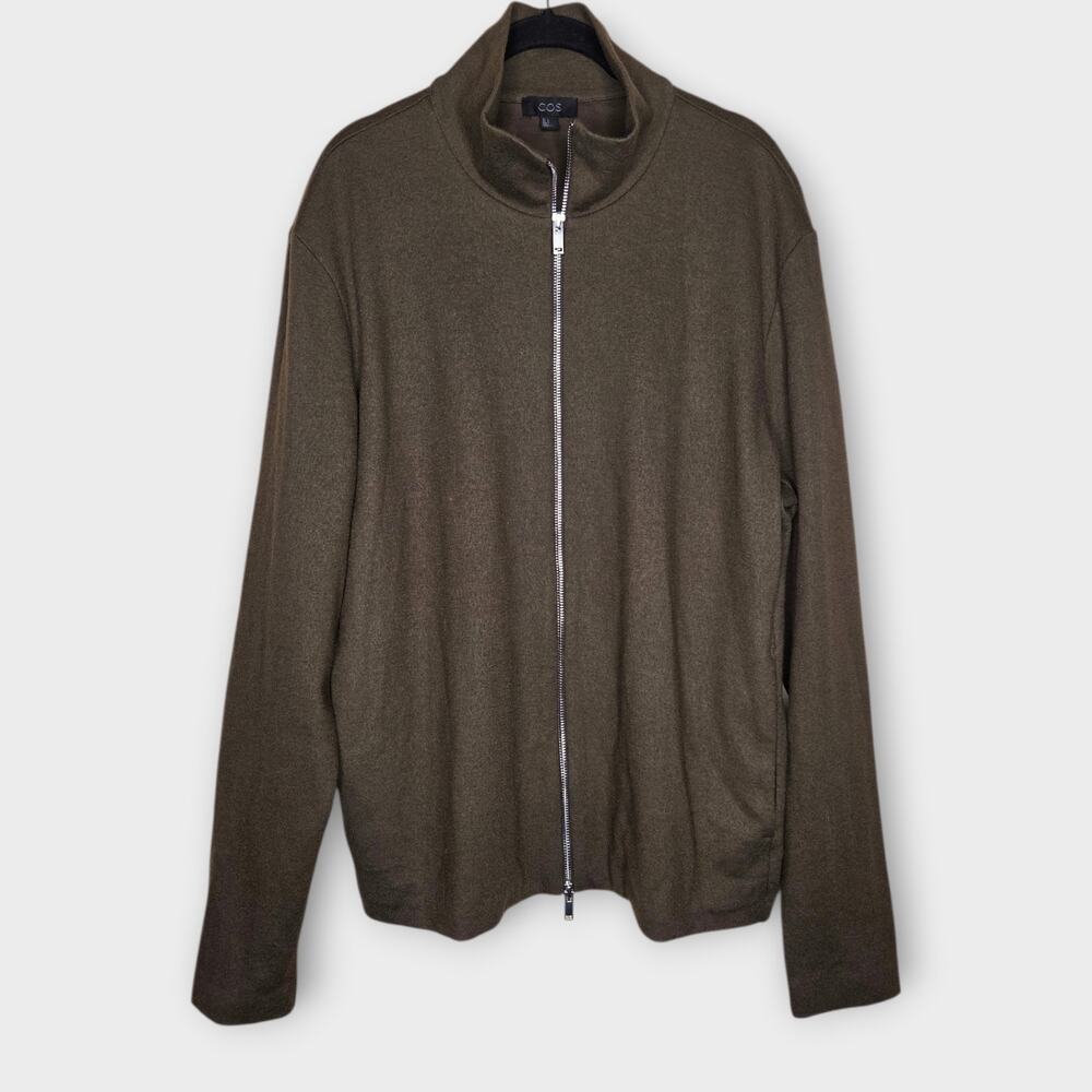 COS Wool Blend Full Zip Cardigan Sweater Funnel Neck Dark Olive Green Men's Lg